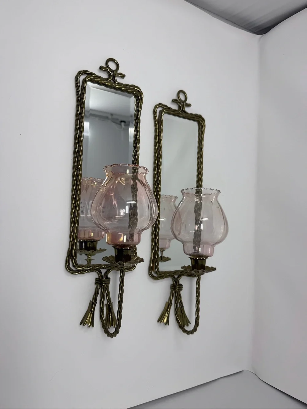 VTG Hollywood Regency Mirrored Wall Sconce Candle Holders Rope Tassels Set of 2